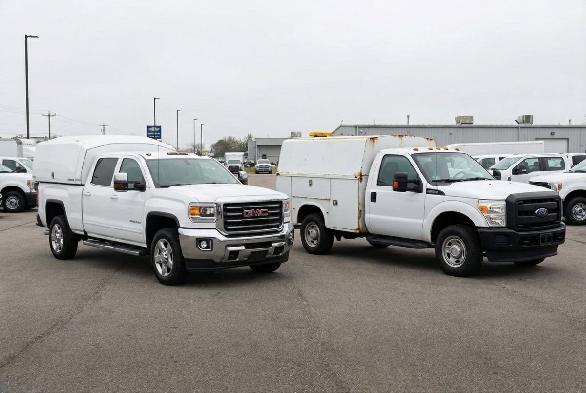 White GMC Sierra 2500HD truck and white Ford Super Duty service truck parked side by side on paved lot under overcast sky