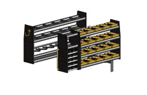 Modular industrial storage racks with yellow bins and black frame