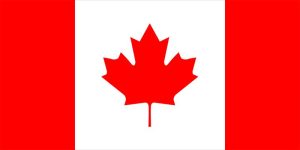 Canadian flag with red maple leaf centered on a white field with red vertical bands on each side