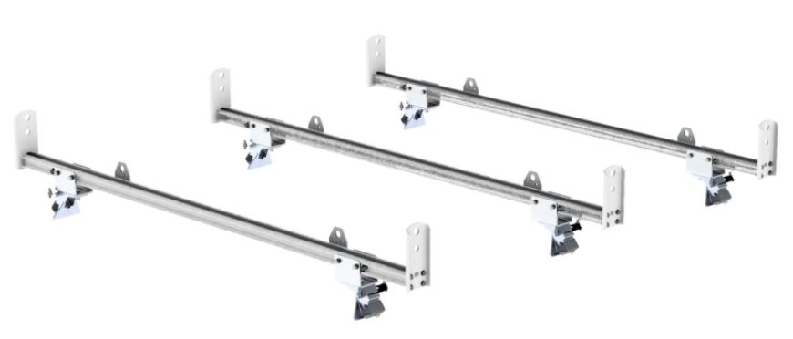 Three metal mounting rails or brackets with adjustable clamps for securing equipment or devices