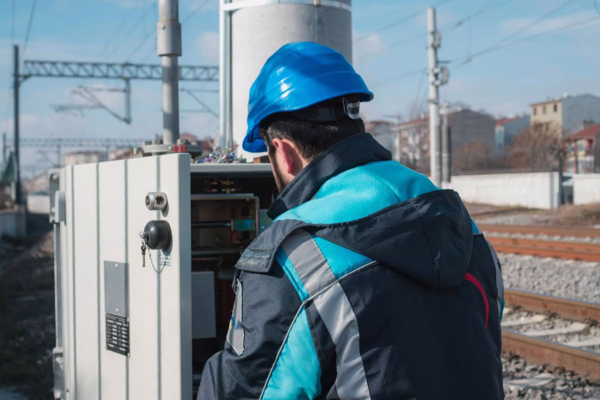 Railway technician wearing a blue safety helmet and jacket inspecting electrical control box near train tracks