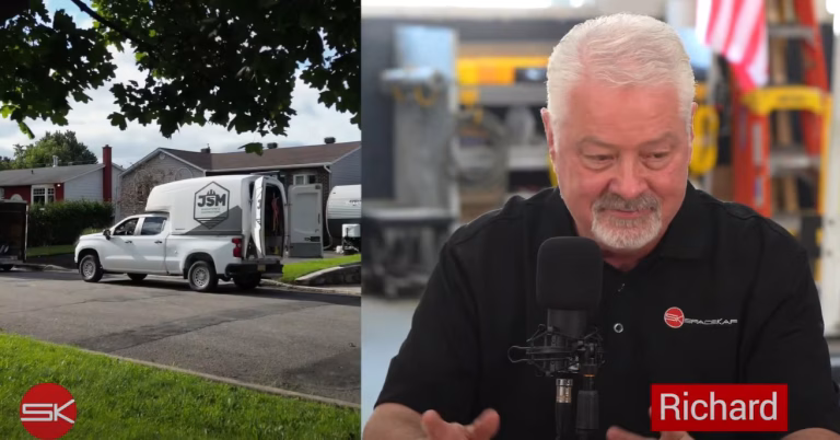White pickup truck with JSM logo parked on a residential street and man named Richard speaking into a microphone in a workshop studio