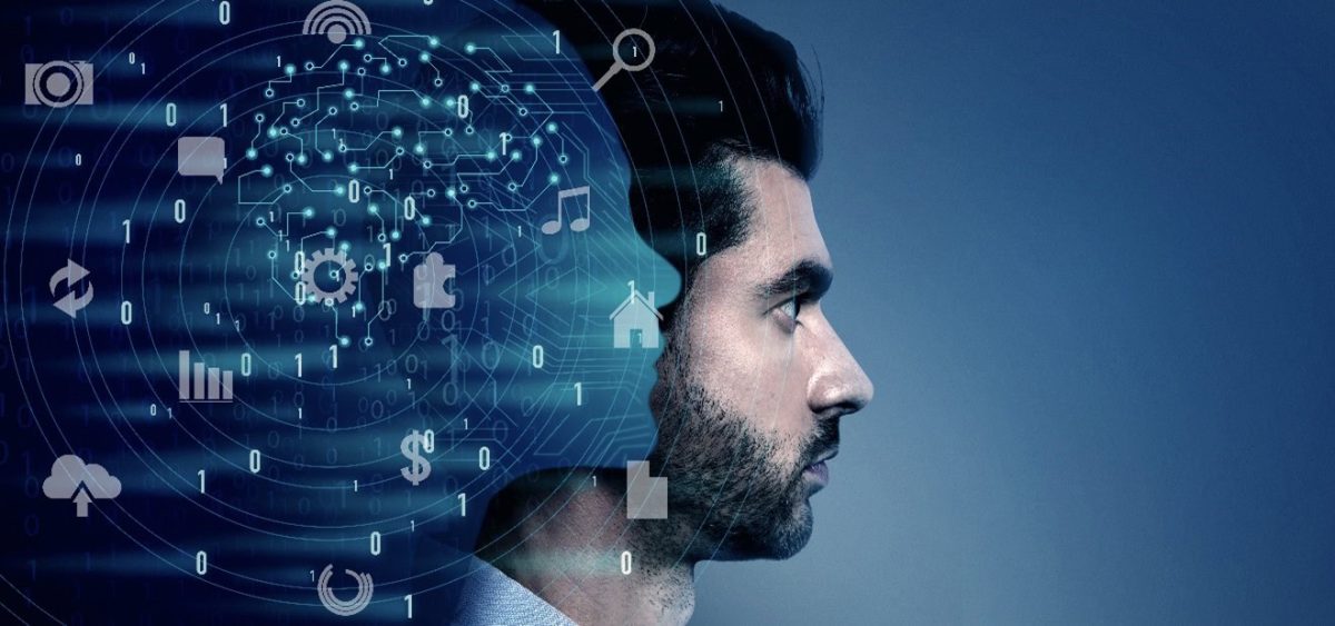 Profile of a man with digital brain illustration and technology icons representing artificial intelligence and data analysis