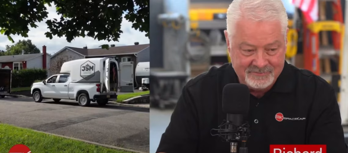 White pickup truck with JSM logo parked on a residential street and man named Richard speaking into a microphone in a workshop studio