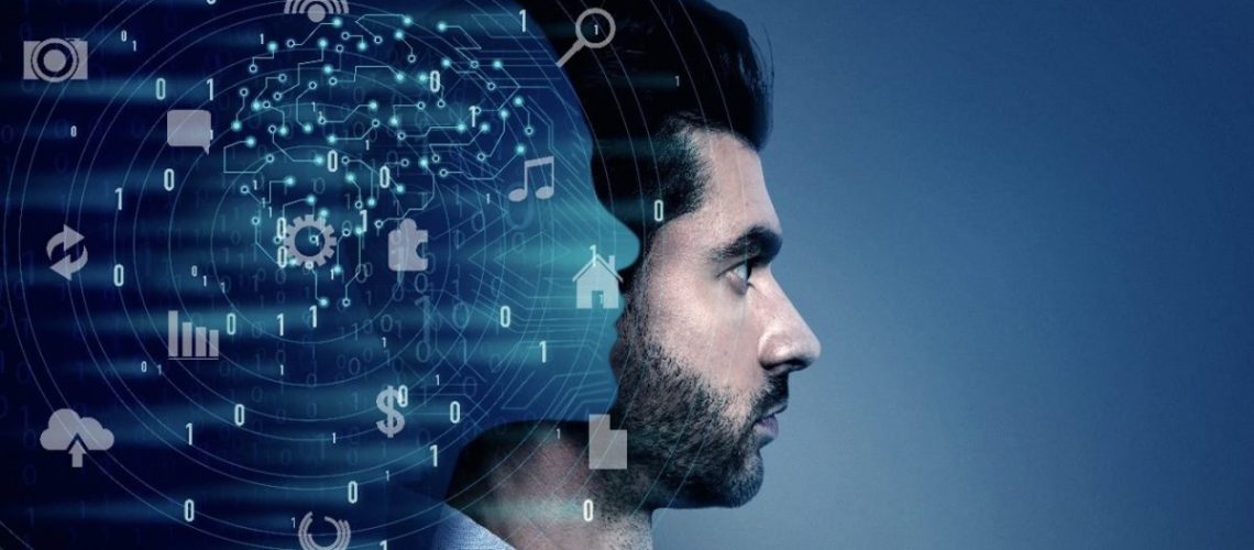 Profile of a man with digital brain illustration and technology icons representing artificial intelligence and data analysis